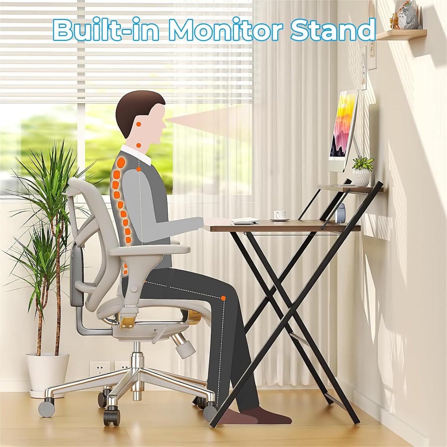 Folding Computer Desk No Assembly Required 2 Tier Computer Desk with Shelf Space Saving Small Foldable Fully Unfold 32 X 24.5 Inch, Brown, Large Size:29.5 X 20.47
