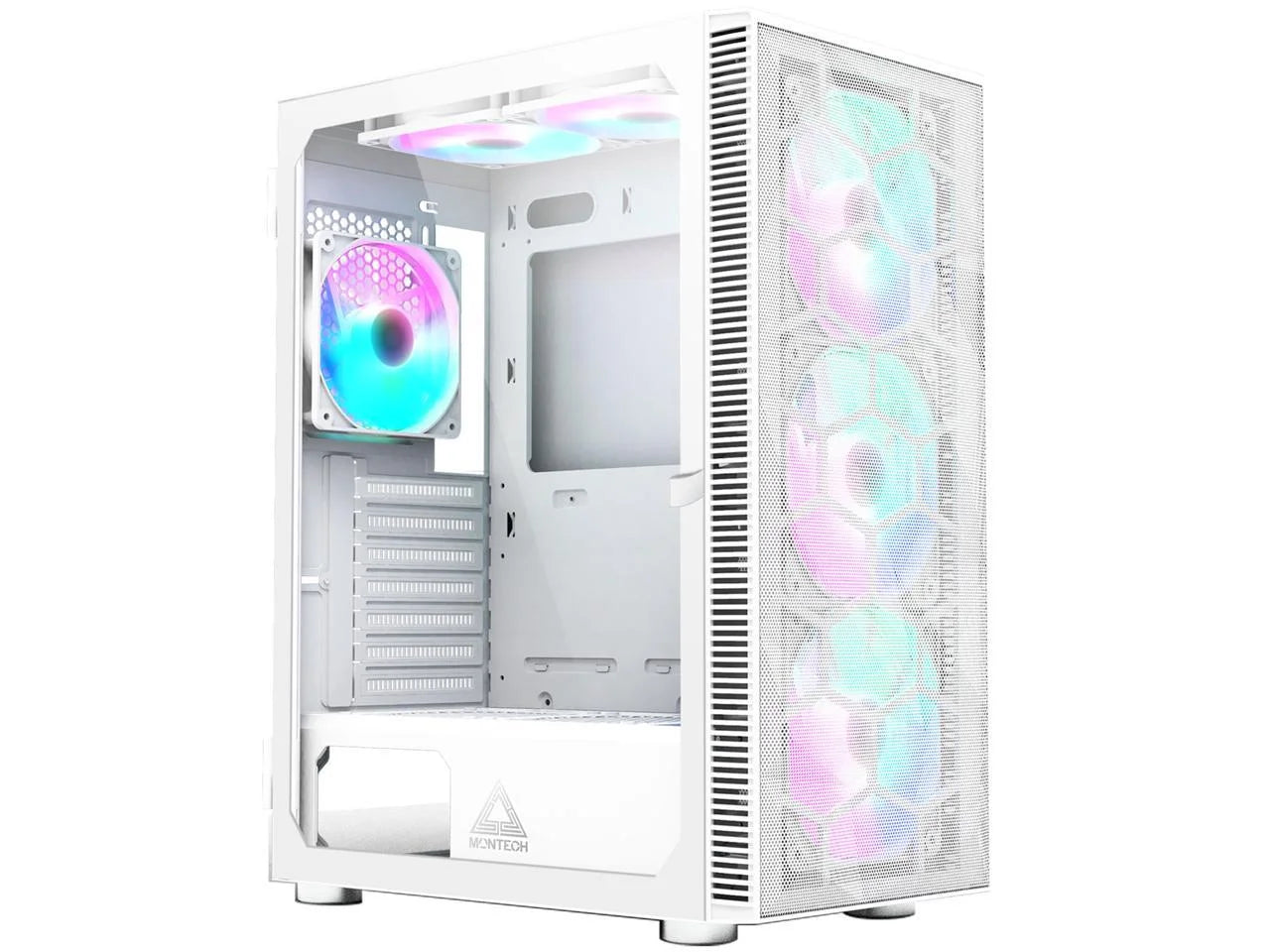 X3 Mesh 6Pcs, 3 X 140Mm& 3 X 120Mm Fixed RGB Lighting Fans (Pre-Installed) ATX Mid-Tower PC Gaming Case, USB3.0, Door Open Tempered Glass Side Panel, High Airflow, White
