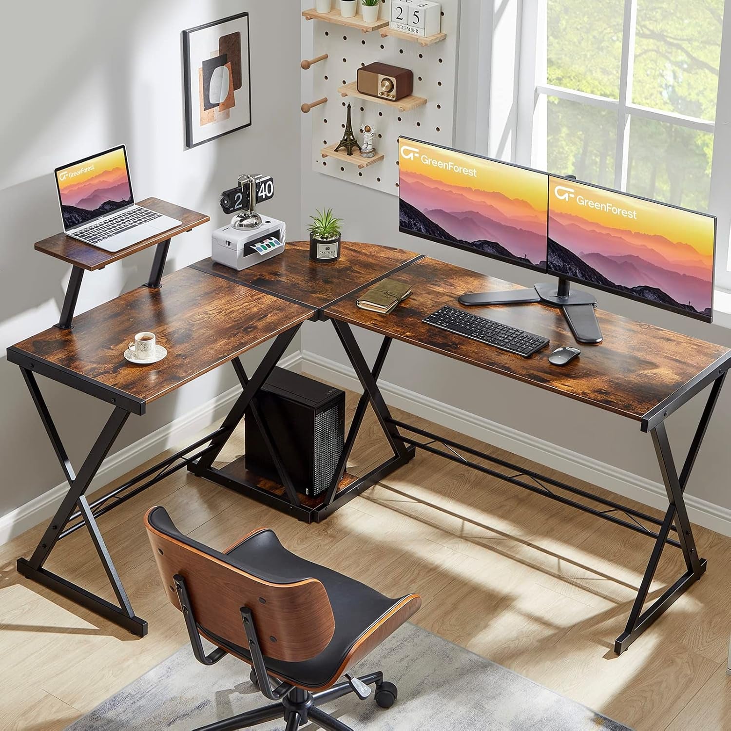 L Shaped Computer Desk Reversible Corner Computer Desk 58 Inch with Large Monitor Stand and CPU Stand, Home Office Study Writing Desk Workstation, Space Saving, Rustic Brown