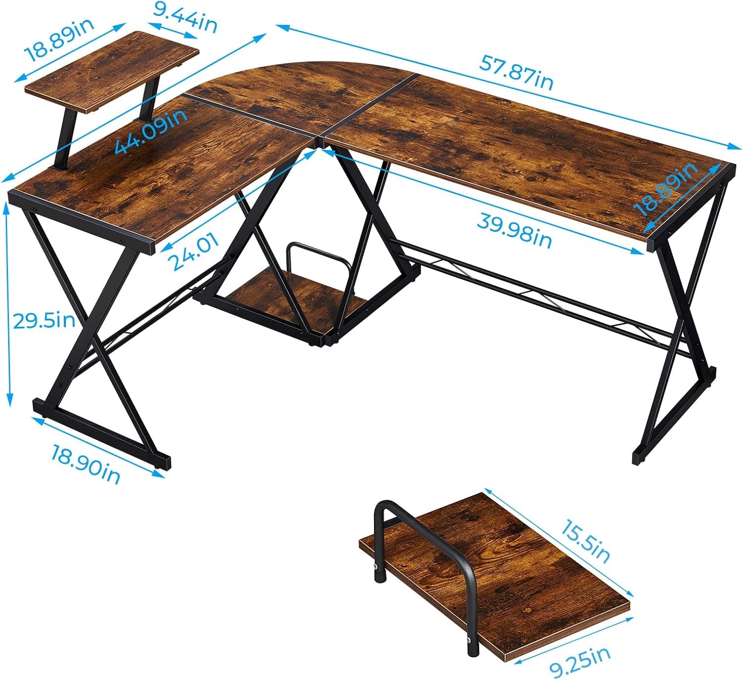 L Shaped Computer Desk Reversible Corner Computer Desk 58 Inch with Large Monitor Stand and CPU Stand, Home Office Study Writing Desk Workstation, Space Saving, Rustic Brown