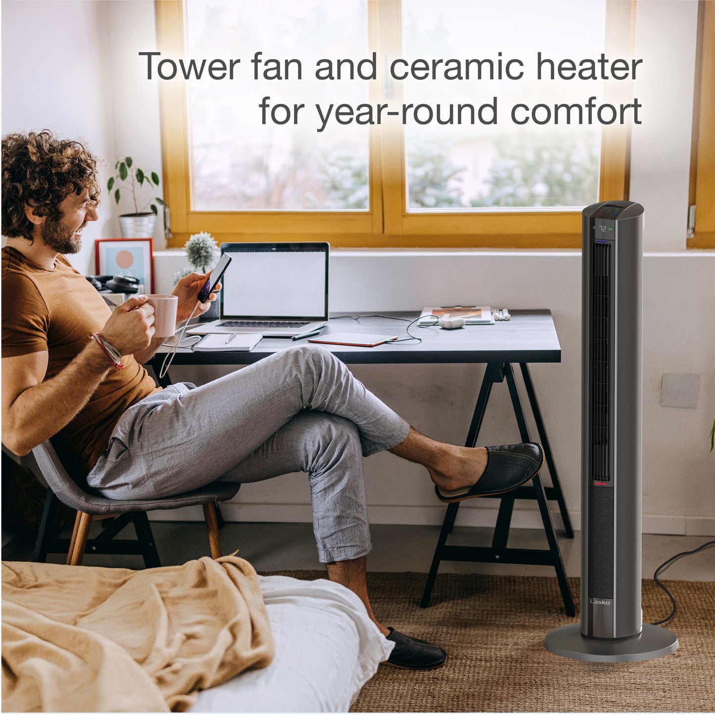 42" 1500W All Season Tower Fan and Space Heater with Timer and Remote, Gray, FH515, New