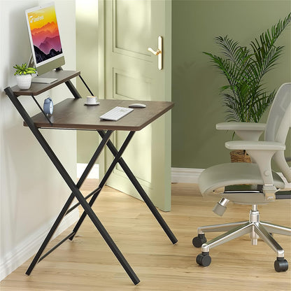 Folding Computer Desk No Assembly Required 2 Tier Computer Desk with Shelf Space Saving Small Foldable Fully Unfold 32 X 24.5 Inch, Brown, Large Size:29.5 X 20.47