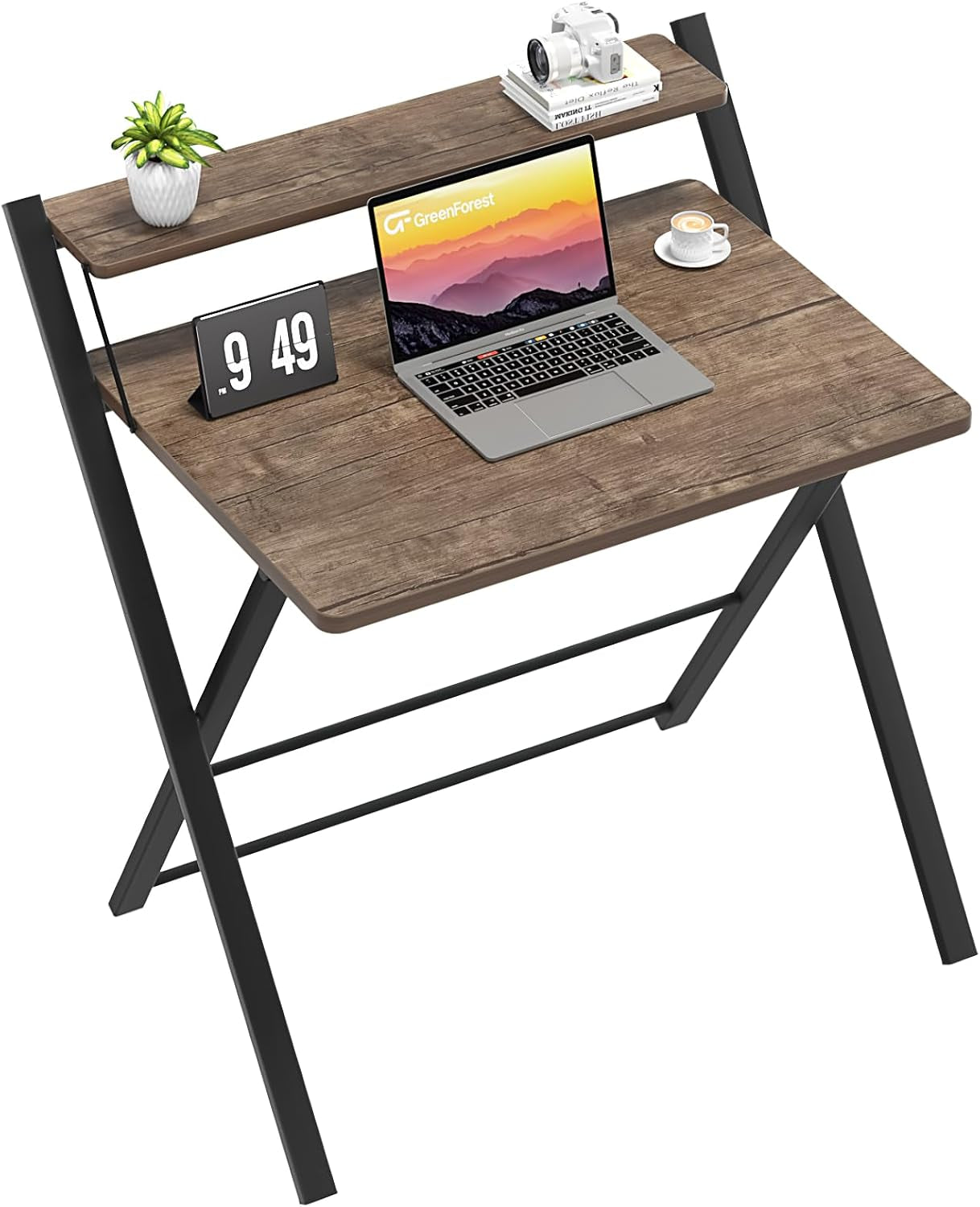Folding Computer Desk No Assembly Required 2 Tier Computer Desk with Shelf Space Saving Small Foldable Fully Unfold 32 X 24.5 Inch, Brown, Large Size:29.5 X 20.47