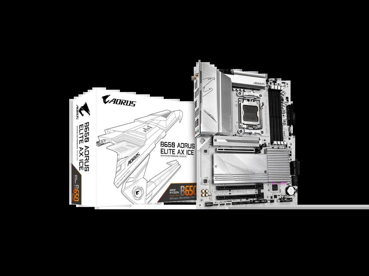 B650 AORUS ELITE AX ICE AM5 LGA 1718 AMD B650 ATX Motherboard with 5-Year Warranty, DDR5, Triple M.2, Pcie 5.0, USB 3.2 Gen2X2 Type-C, Wifi 6E, 2.5Gbe LAN, Snow White, Ez-Latch