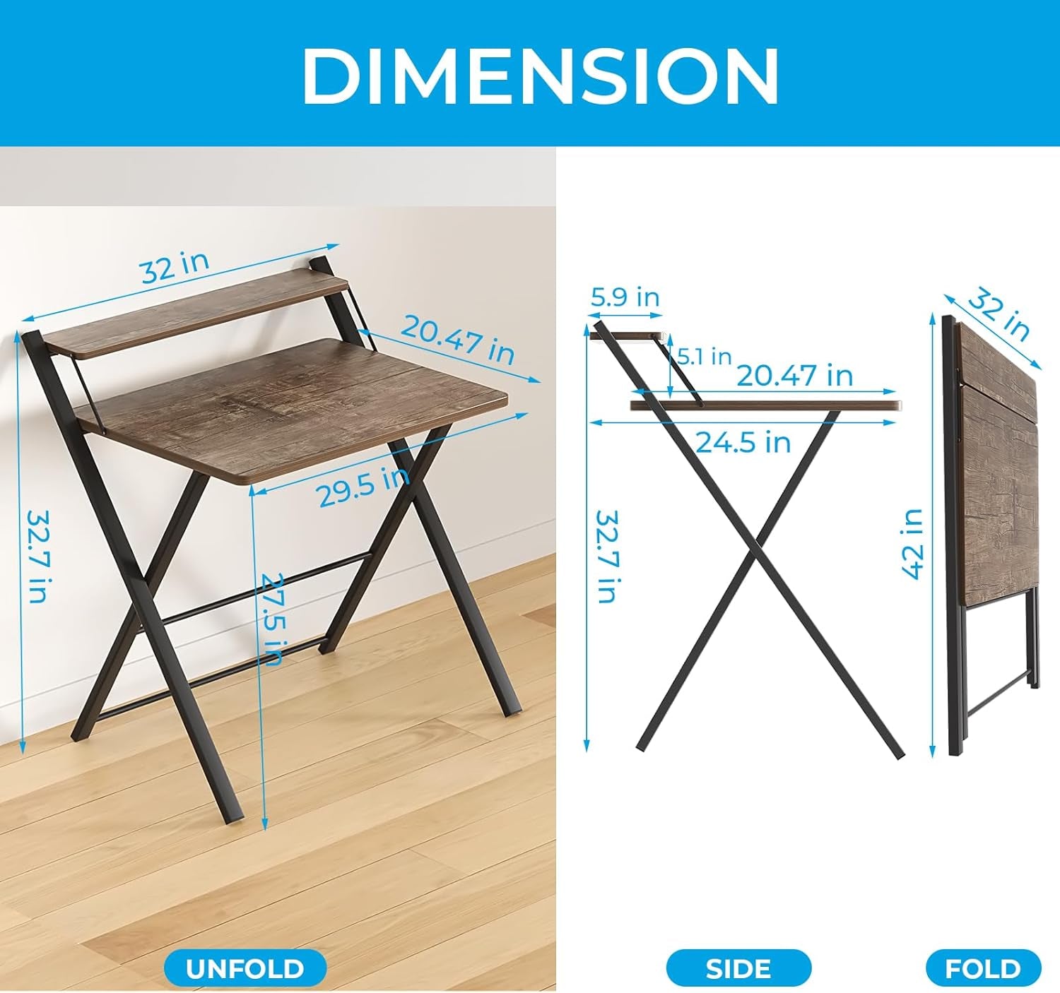 Folding Computer Desk No Assembly Required 2 Tier Computer Desk with Shelf Space Saving Small Foldable Fully Unfold 32 X 24.5 Inch, Brown, Large Size:29.5 X 20.47