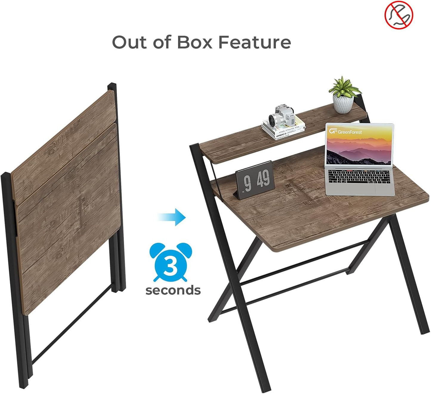 Folding Computer Desk No Assembly Required 2 Tier Computer Desk with Shelf Space Saving Small Foldable Fully Unfold 32 X 24.5 Inch, Brown, Large Size:29.5 X 20.47