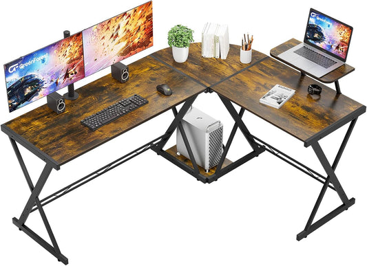 L Shaped Computer Desk Reversible Corner Computer Desk 58 Inch with Large Monitor Stand and CPU Stand, Home Office Study Writing Desk Workstation, Space Saving, Rustic Brown