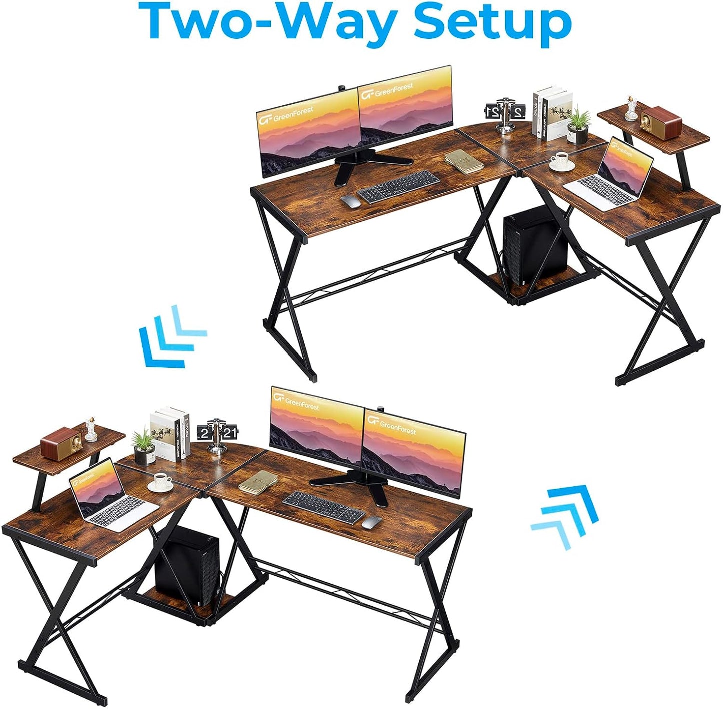 L Shaped Computer Desk Reversible Corner Computer Desk 58 Inch with Large Monitor Stand and CPU Stand, Home Office Study Writing Desk Workstation, Space Saving, Rustic Brown