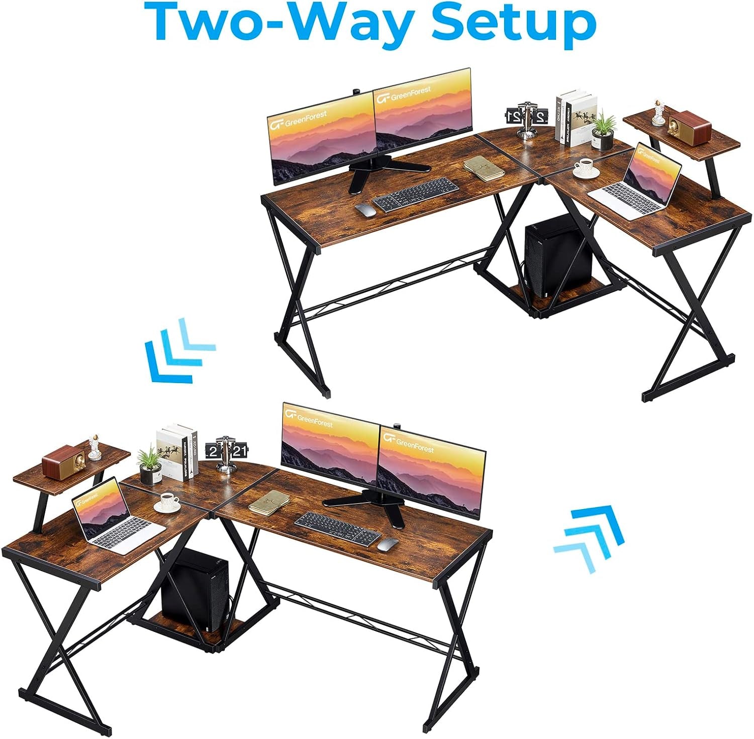 L Shaped Computer Desk Reversible Corner Computer Desk 58 Inch with Large Monitor Stand and CPU Stand, Home Office Study Writing Desk Workstation, Space Saving, Rustic Brown