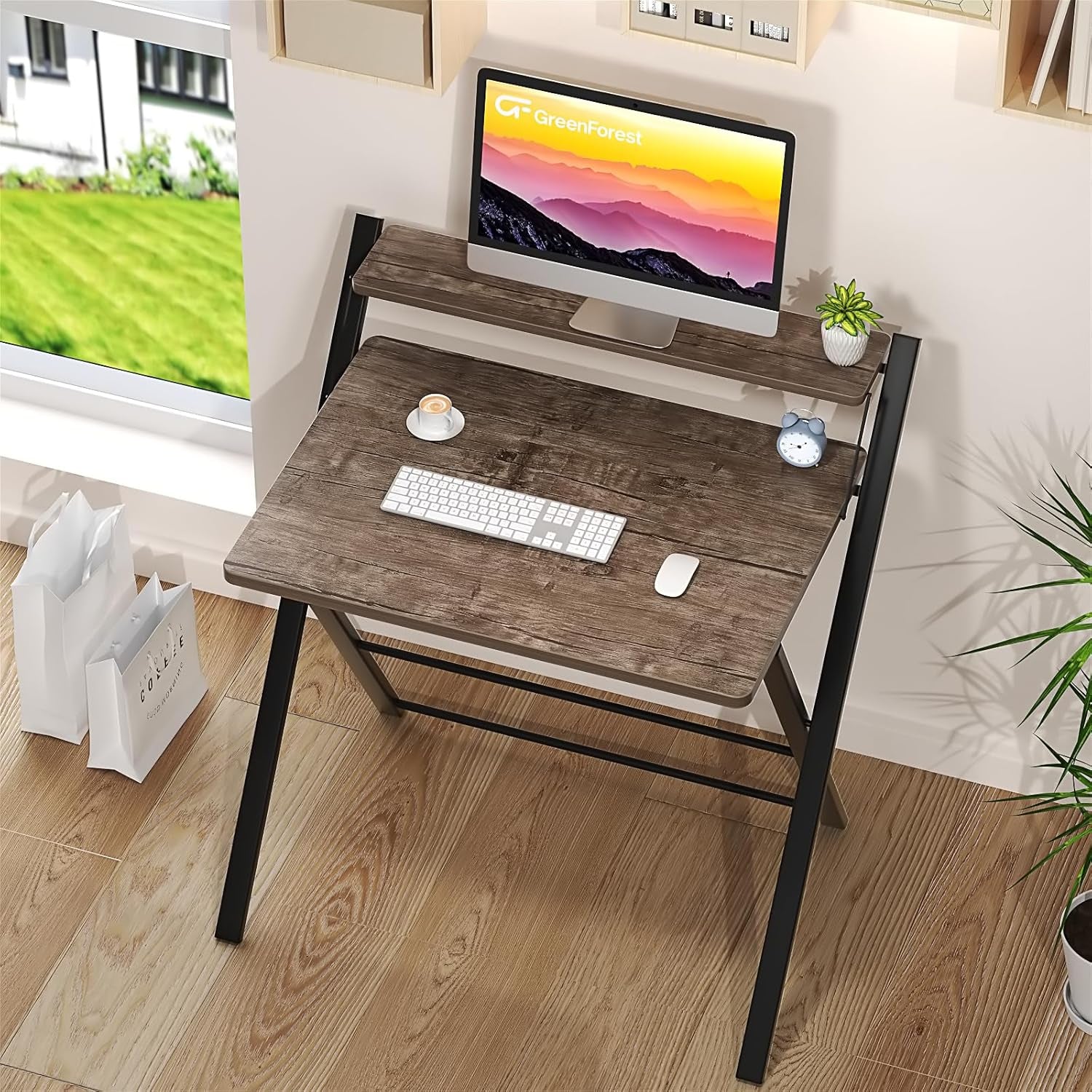 Folding Computer Desk No Assembly Required 2 Tier Computer Desk with Shelf Space Saving Small Foldable Fully Unfold 32 X 24.5 Inch, Brown, Large Size:29.5 X 20.47