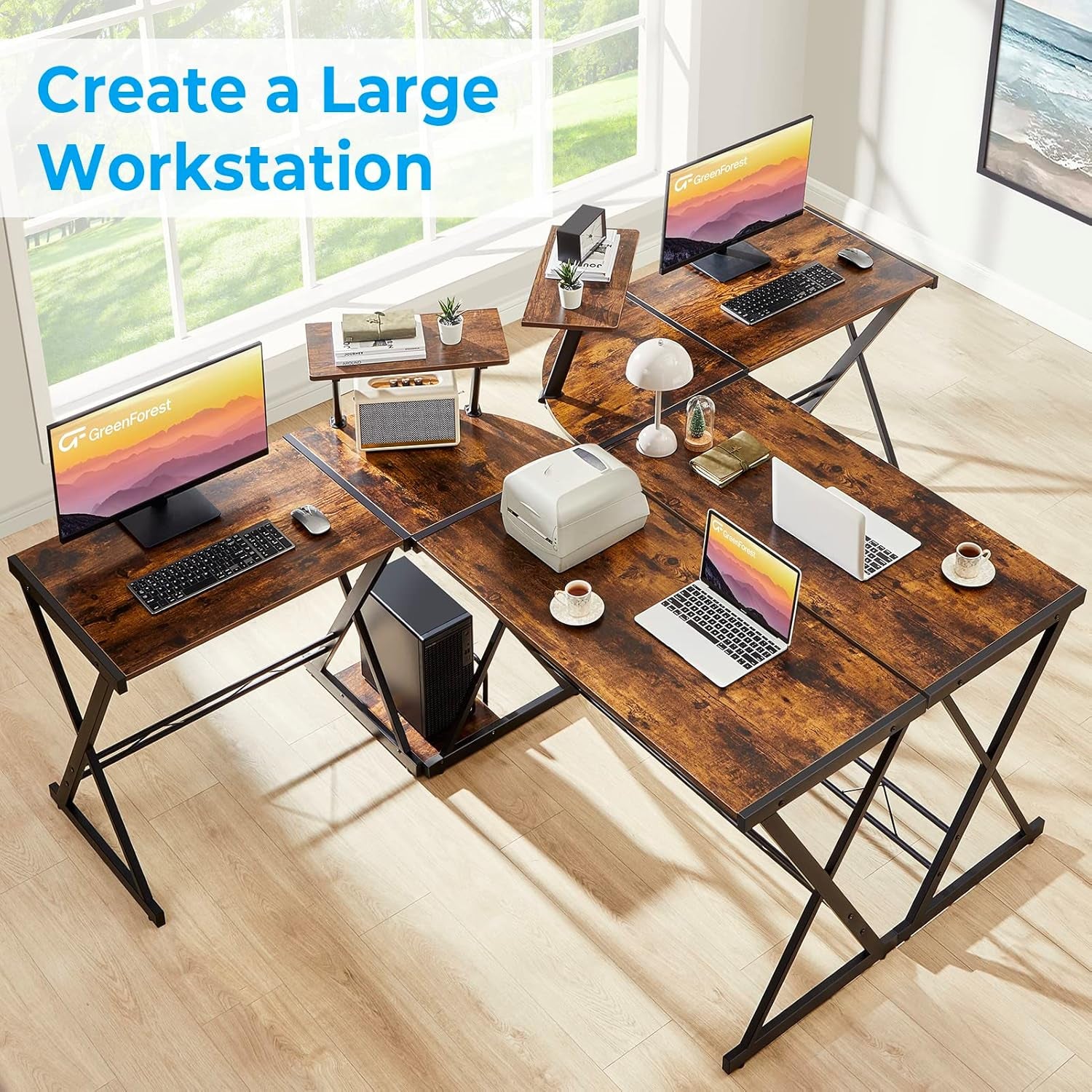 L Shaped Computer Desk Reversible Corner Computer Desk 58 Inch with Large Monitor Stand and CPU Stand, Home Office Study Writing Desk Workstation, Space Saving, Rustic Brown