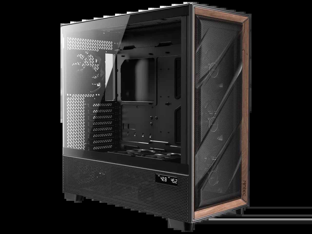 Flux Pro, 6 X PWM Fans Included, High-Airflow Front Panel with Walnut Wood, Ishift PSU 90° Mount, USB3.0 X 2, Type-C, 420Mm Radiator Support, Temp. Display, Full-Tower E-ATX PC Case