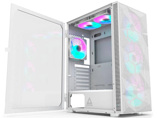 X3 Mesh 6Pcs, 3 X 140Mm& 3 X 120Mm Fixed RGB Lighting Fans (Pre-Installed) ATX Mid-Tower PC Gaming Case, USB3.0, Door Open Tempered Glass Side Panel, High Airflow, White