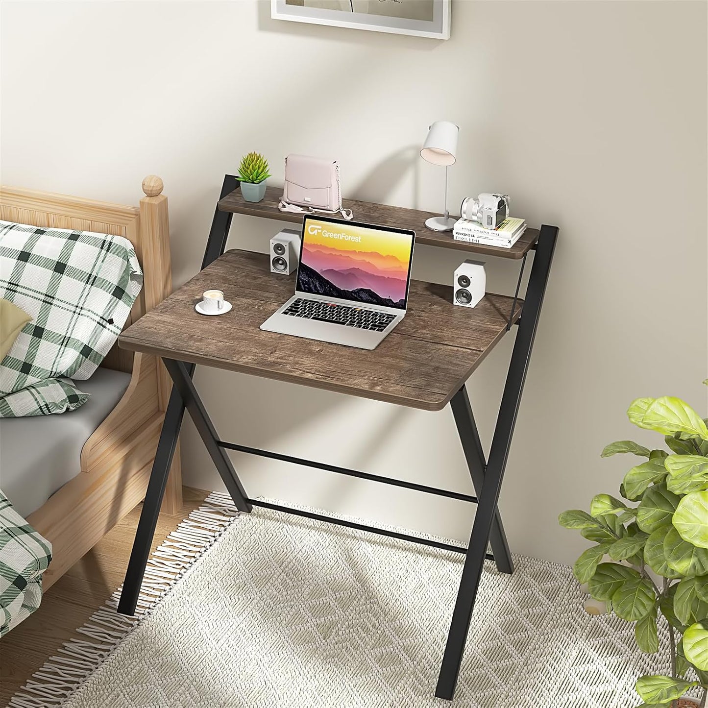 Folding Computer Desk No Assembly Required 2 Tier Computer Desk with Shelf Space Saving Small Foldable Fully Unfold 32 X 24.5 Inch, Brown, Large Size:29.5 X 20.47