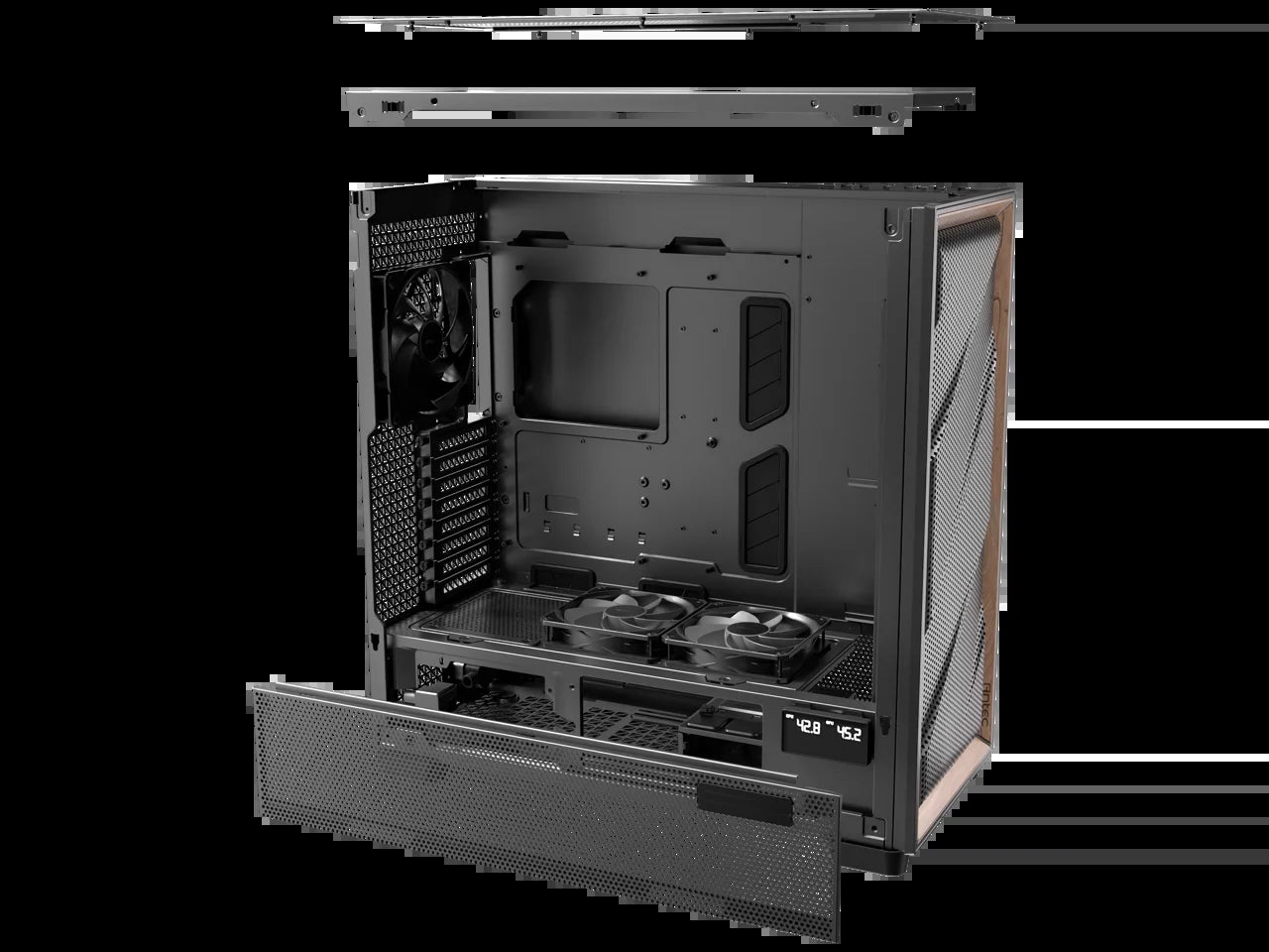 Flux Pro, 6 X PWM Fans Included, High-Airflow Front Panel with Walnut Wood, Ishift PSU 90° Mount, USB3.0 X 2, Type-C, 420Mm Radiator Support, Temp. Display, Full-Tower E-ATX PC Case