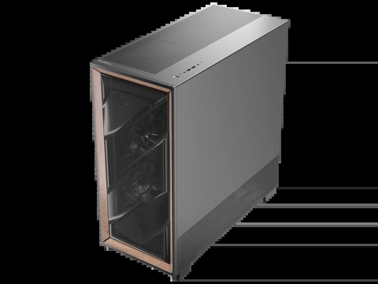Flux Pro, 6 X PWM Fans Included, High-Airflow Front Panel with Walnut Wood, Ishift PSU 90° Mount, USB3.0 X 2, Type-C, 420Mm Radiator Support, Temp. Display, Full-Tower E-ATX PC Case