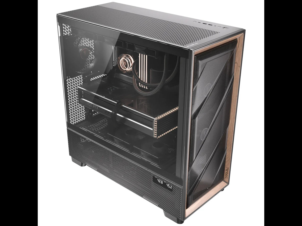 Flux Pro, 6 X PWM Fans Included, High-Airflow Front Panel with Walnut Wood, Ishift PSU 90° Mount, USB3.0 X 2, Type-C, 420Mm Radiator Support, Temp. Display, Full-Tower E-ATX PC Case