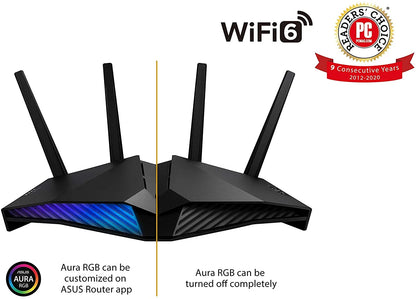 RT-AX82U AX5400 Dual-Band Wifi 6 Gaming Router, Game Acceleration, Mesh Wifi Support, Lifetime Free Internet Security, Dedicated Gaming Port, Mobile Game Boost, MU-MIMO, Aura RGB