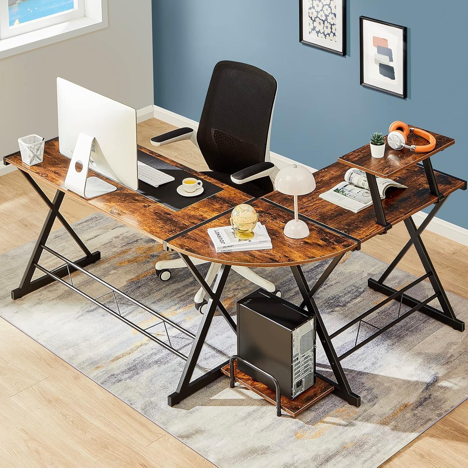 L Shaped Computer Desk Reversible Corner Computer Desk 58 Inch with Large Monitor Stand and CPU Stand, Home Office Study Writing Desk Workstation, Space Saving, Rustic Brown