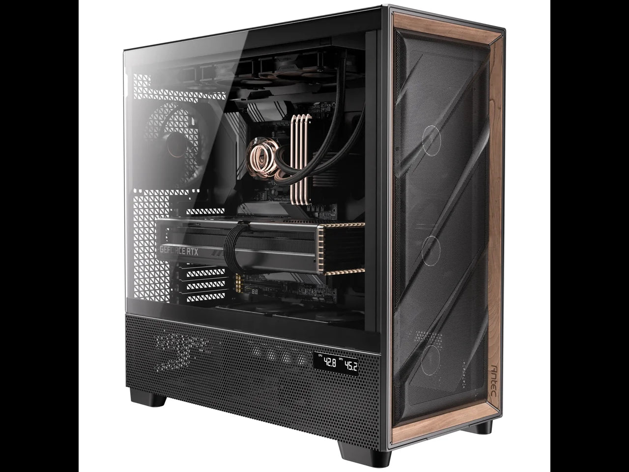 Flux Pro, 6 X PWM Fans Included, High-Airflow Front Panel with Walnut Wood, Ishift PSU 90° Mount, USB3.0 X 2, Type-C, 420Mm Radiator Support, Temp. Display, Full-Tower E-ATX PC Case